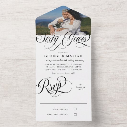 Invitation Tout En Un Tourbillons Noir Blanc Photo 60e Anniversaire de M (À l'intérieur)
