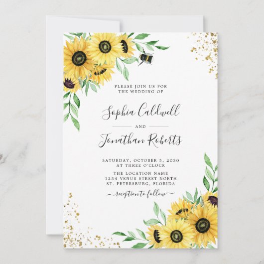 Invitation Tout en un tournesol Bumble Bee Mariage de verdure (Devant)