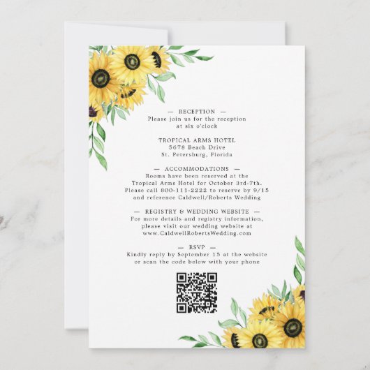 Invitation Tout en un tournesol Bumble Bee Mariage de verdure (Dos)