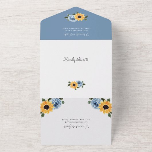Invitation Tout En Un Tournesol Dusty Bleu Rustique Mariage Rose (Dehors)