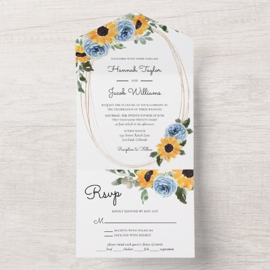 Invitation Tout En Un Tournesol Dusty Bleu Rustique Mariage Rose (À l'intérieur)