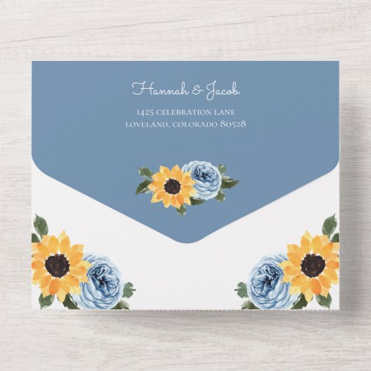 Invitation Tout En Un Tournesol Dusty Bleu Rustique Mariage Rose (Verso)