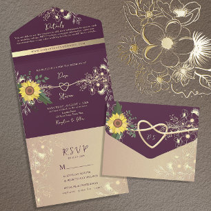 Invitation Tout En Un Tournesol Élégant Rustique Mariage Violet