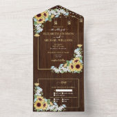 Invitation Tout En Un Tournesol en bois rustique Dusty Blue Floral Maria (À l'intérieur)