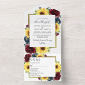 Invitation Tout En Un Tournesol et Rose Mariage bleu de la marine de Bou (À l'intérieur)