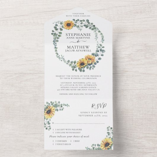 Invitation Tout En Un Tournesol Eucalyptus Feuille Mariage moderne (À l'intérieur)
