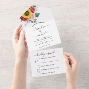 Invitation Tout En Un Tournesol Eucalyptus Mariage campagnard RSVP