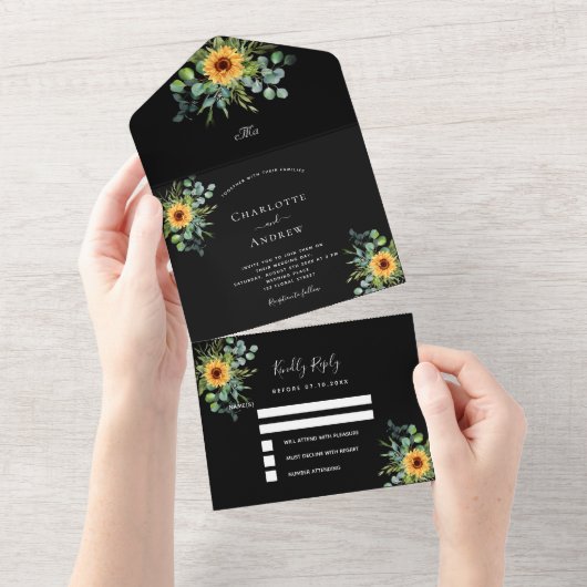 Invitation Tout En Un Tournesol eucalyptus mariage noir (Déchirure)