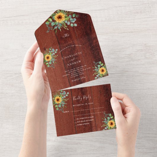Invitation Tout En Un Tournesol eucalyptus vert bois brun mariage (Déchirure)