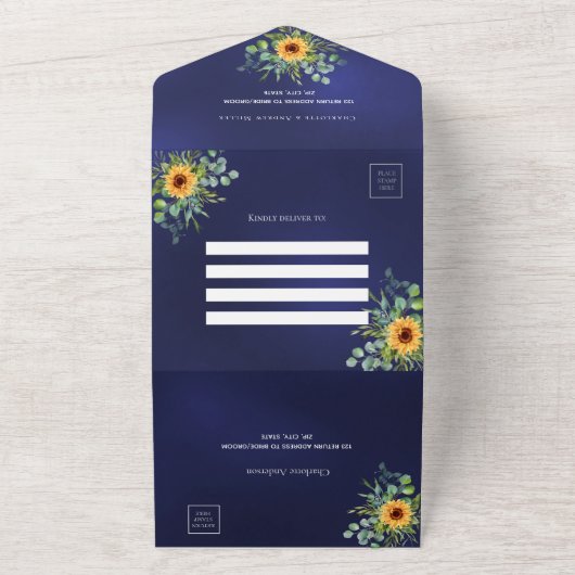 Invitation Tout En Un Tournesol eucalyptus vert marine bleu mariage (Dehors)