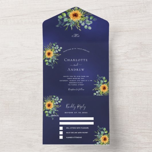 Invitation Tout En Un Tournesol eucalyptus vert marine bleu mariage (À l'intérieur)