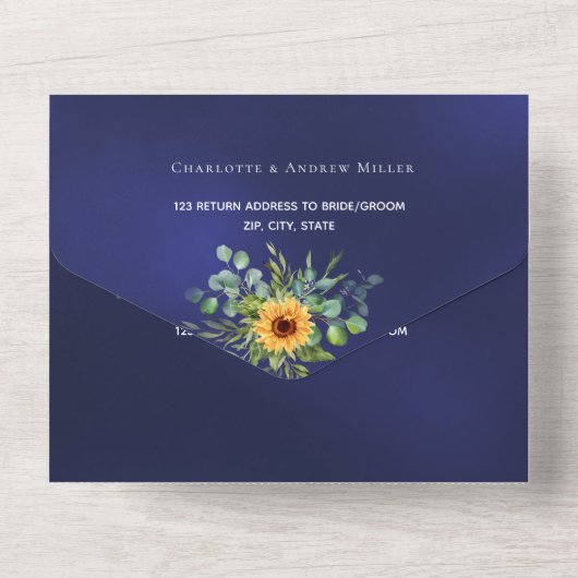 Invitation Tout En Un Tournesol eucalyptus vert marine bleu mariage (Verso)