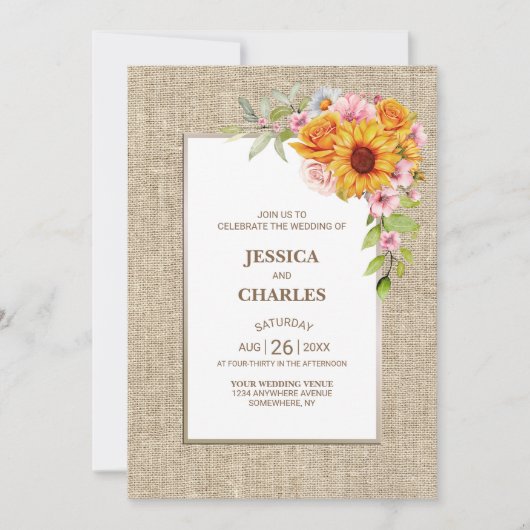 Invitation Tout en un tournesol Floral Mariage Burlap (Devant)