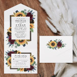 Invitation Tout En Un Tournesol Floral Pays Mariage de automne rustique<br><div class="desc">Le design présente d'élégants roses d'aquarelle, des pivoines, des fleurs sauvages et des tournesols dans différentes nuances de rouge bordeaux, bleu marine et plus sur une couronne de verdure d'eucalyptus. Le design comprend également un cadre en bois de grange sous la couronne. Une disposition de police unique complète le design...</div>