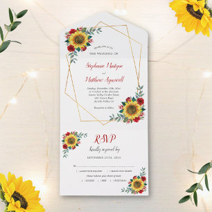 Invitation Tout En Un Tournesol géométrique Rouge Rose Mariage moderne