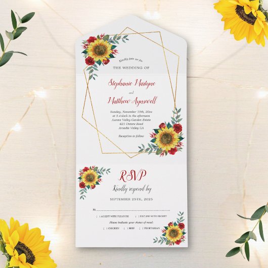 Invitation Tout En Un Tournesol géométrique Rouge Rose Mariage moderne