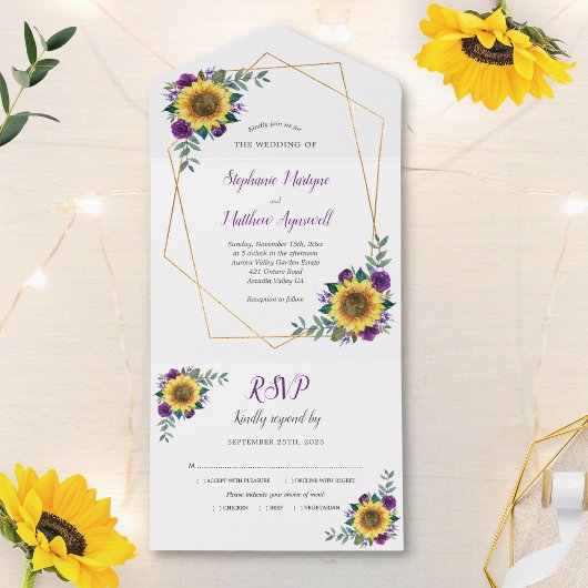 Invitation Tout En Un Tournesol géométrique violet Rose moderne Mariage