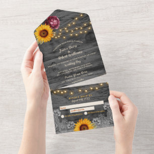 Invitation Tout En Un Tournesol Grange Mariage dentelle en bois
