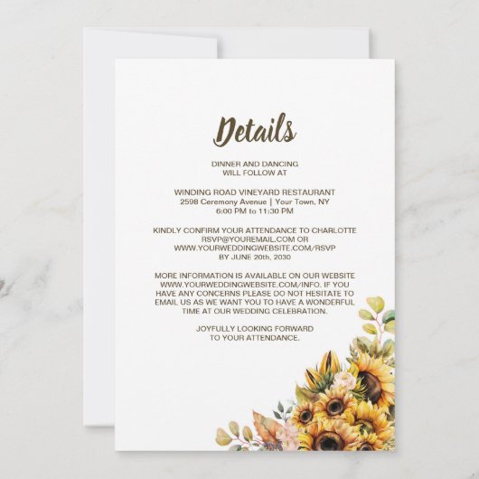 Invitation Tout en un tournesol Mariage Floral (Dos)