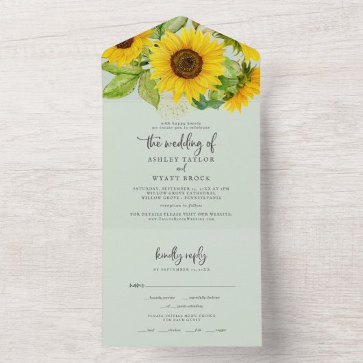 Invitation Tout En Un Tournesol | Mariage Mint Tout en un (À l'intérieur)