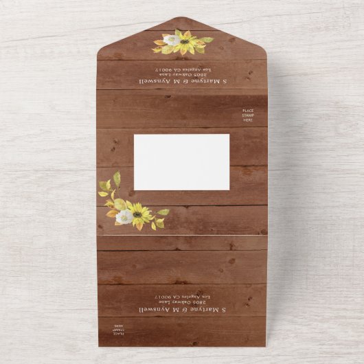 Invitation Tout En Un Tournesol Rustique Automne Lumières Mariage en boi (Dehors)