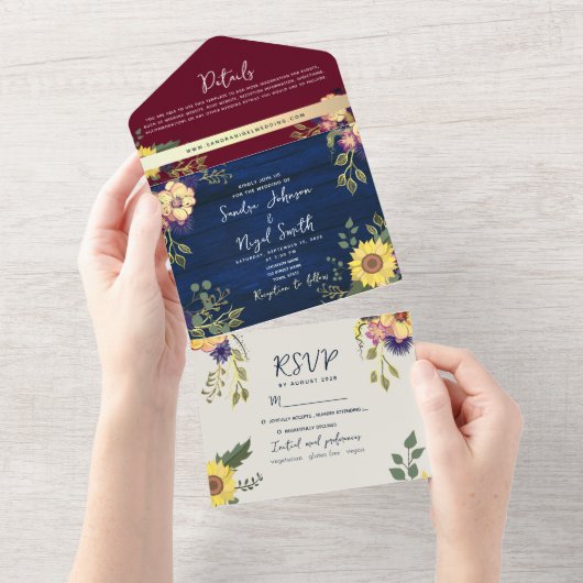 Invitation Tout En Un Tournesol Rustique Bourgogne Mariage bleu marine (Déchirure)