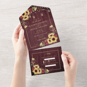 Invitation Tout En Un Tournesol Rustique Bourgogne Mariage Floral Tout