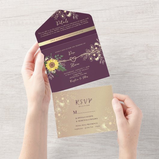 Invitation Tout En Un Tournesol Rustique élégant violet Mariage (Déchirure)