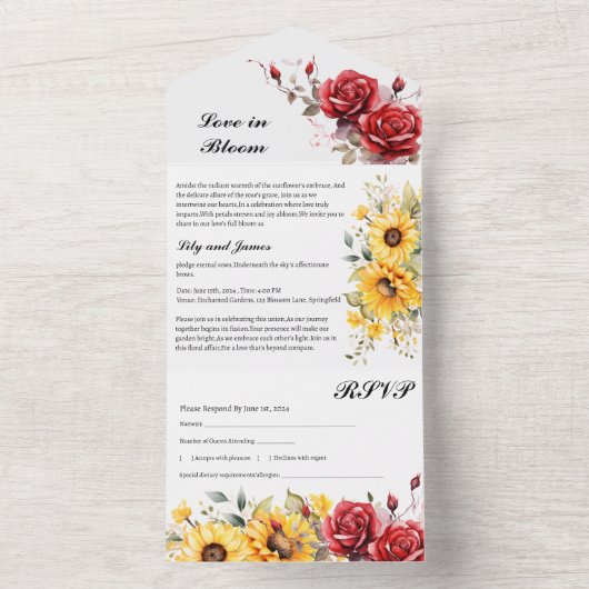 Invitation Tout En Un Tournesol Rustique Et Mariage Rose Rouge (À l'intérieur)