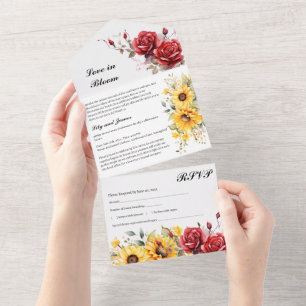 Invitation Tout En Un Tournesol Rustique Et Mariage Rose Rouge