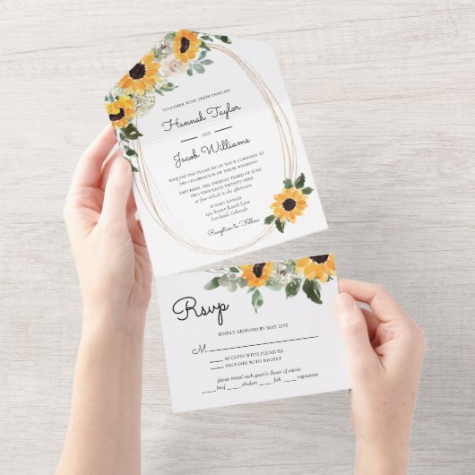 Invitation Tout En Un Tournesol rustique et verdure avec Mariage RSVP (Déchirure)
