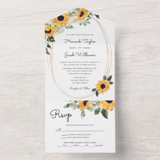 Invitation Tout En Un Tournesol rustique et verdure avec Mariage RSVP (À l'intérieur)