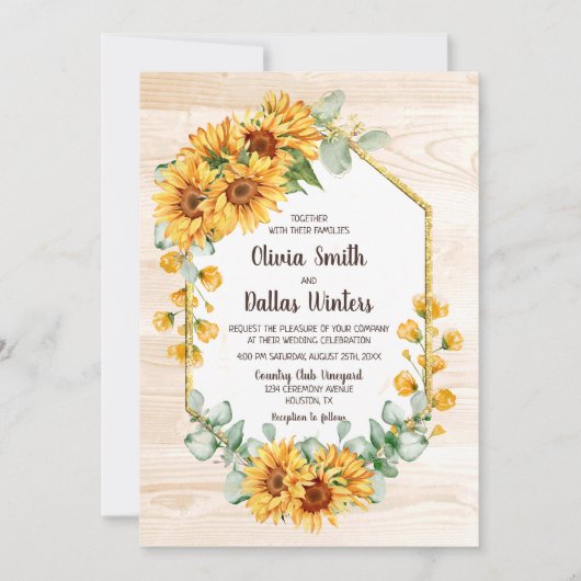 Invitation Tout en un tournesol rustique Mariage en bois d'éc (Devant)