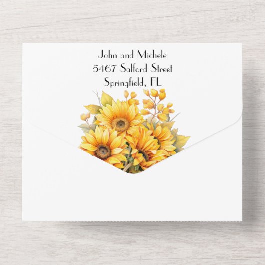 Invitation Tout En Un Tournesol rustique, mariage jaune (Verso)