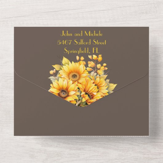 Invitation Tout En Un Tournesol rustique, mariage jaune et marron (Verso)