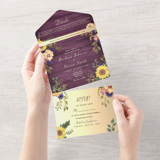 Invitation Tout En Un Tournesol rustique violet Mariage (Déchirure)