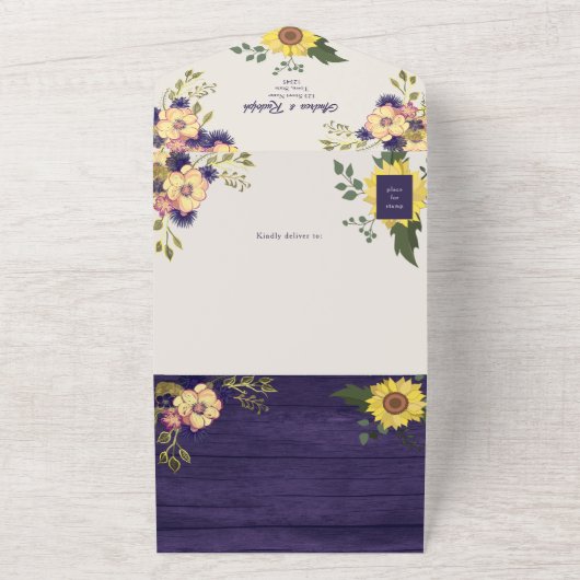 Invitation Tout En Un Tournesol Rustique violet Mariage (Dehors)