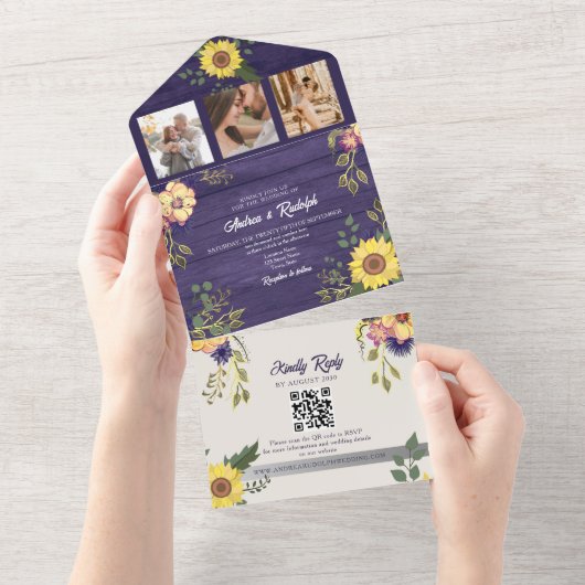 Invitation Tout En Un Tournesol Rustique violet Mariage (Déchirure)