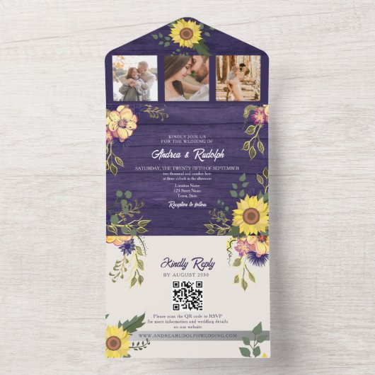 Invitation Tout En Un Tournesol Rustique violet Mariage (À l'intérieur)