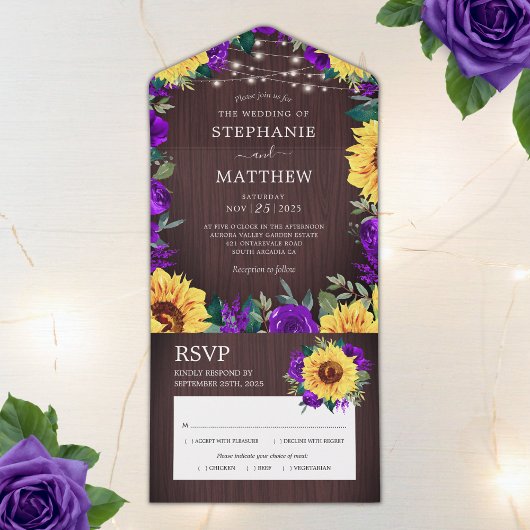 Invitation Tout En Un Tournesol Rustique violet Roses Mariage