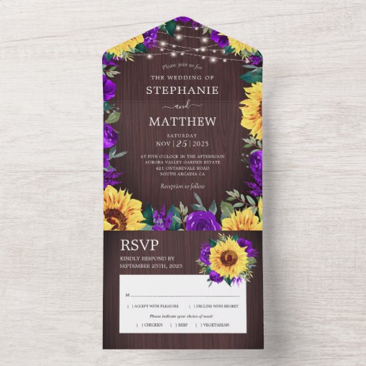 Invitation Tout En Un Tournesol Rustique violet Roses Mariage (À l'intérieur)
