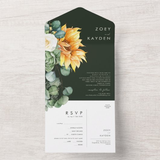 Invitation Tout En Un Tournesol | Sceau vert et jaune et envoyer (À l'intérieur)