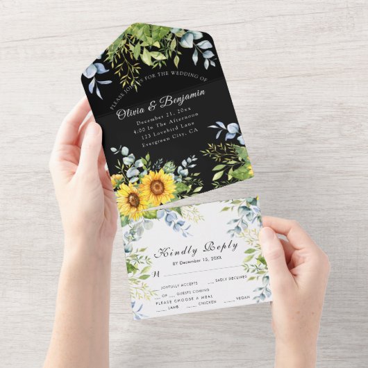 Invitation Tout En Un Tournesol vert noir et blanc Mariage RSVP (Déchirure)