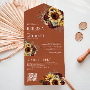 Invitation Tout En Un Tournesols Bourgogne Code QR Terracotta Mariage