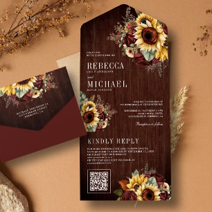 Invitation Tout En Un Tournesols Bourgogne Floral Code QR Bois Mariage