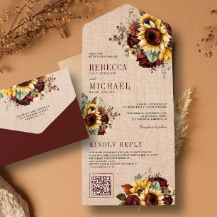 Invitation Tout En Un Tournesols Bourgogne Floral Code QR Burlap Mariage