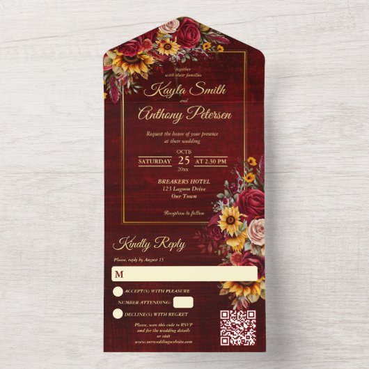 Invitation Tout En Un tournesols jaunes mariage de automne bordeaux (À l'intérieur)