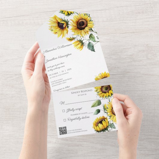 Invitation Tout En Un Tournesols rustiques en blanc avec code QR (Déchirure)