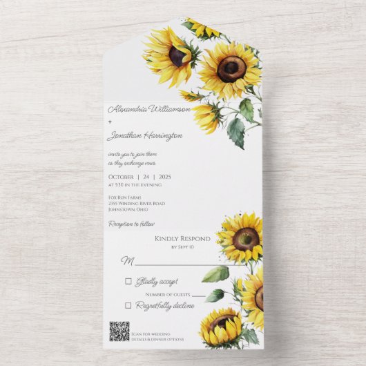 Invitation Tout En Un Tournesols rustiques en blanc avec code QR (À l'intérieur)