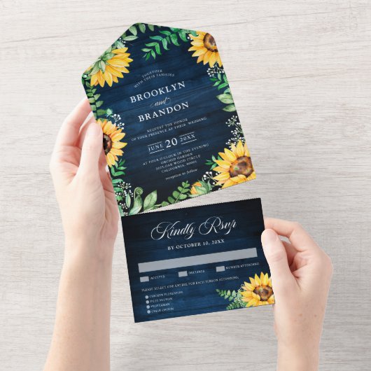 Invitation Tout En Un Tournesols rustiques Mariage bleu marine (Déchirure)